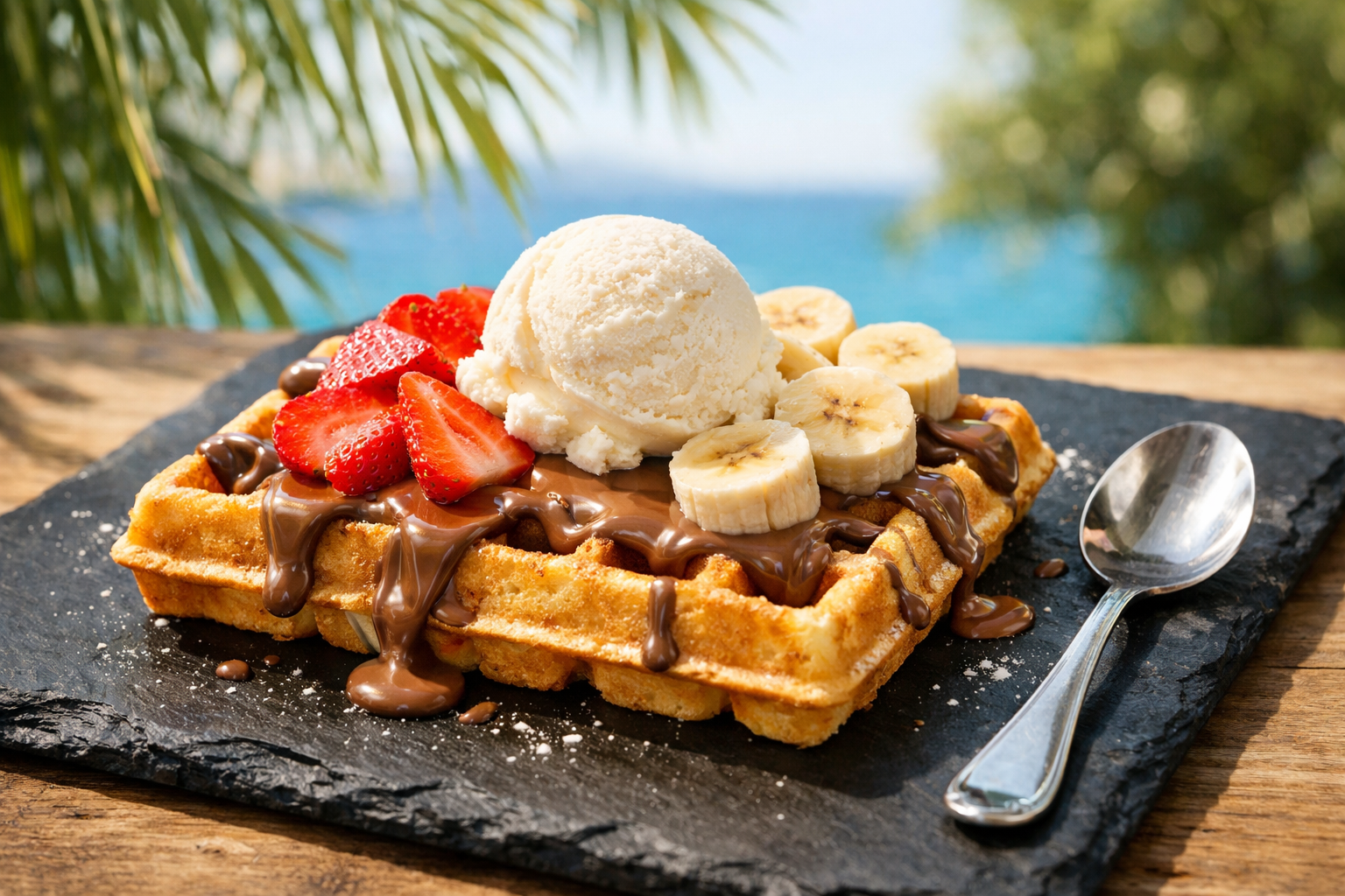 Etkinlik alanına kurulmuş waffle istasyonu, sıcak waffle ve toppingler